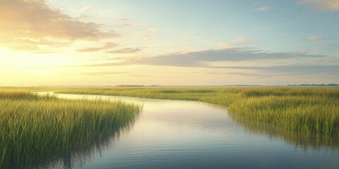 Obraz premium Wetland drainage effects on water levels and surrounding flora, environmental theme, vibrant sunset, reflective water