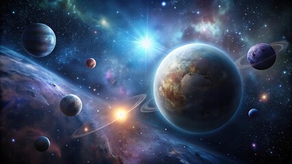 Dark mysterious space with stars and planets in a black background, galaxy cluster, night sky, asteroid belt, celestial bodies, constellations