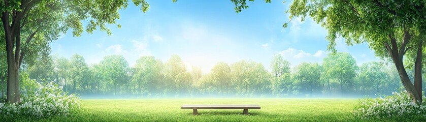 Fototapeta premium Tranquil park bench retreat, serene landscape of trees and lush green grass for peaceful relaxation