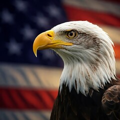 Naklejka premium A majestic bald eagle gazes intently with its piercing yellow eyes, set against the backdrop of a blurred American flag