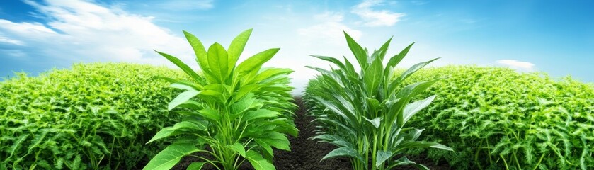 Fototapeta premium Lush green plants flourishing in a sunkissed field, testament to nature's vitality and growth