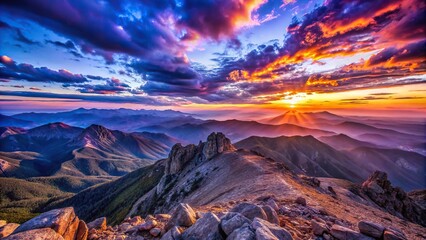 Deep blues and purples dominate the evening sky as the sun sinks below the horizon casting long shadows across the rugged terrain of a dramatic mountain range, sunset, sky