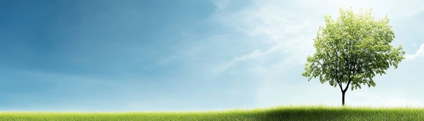 Fototapeta premium Serene landscape, majestic tree in a grassy field, embracing the beauty of nature's solitude