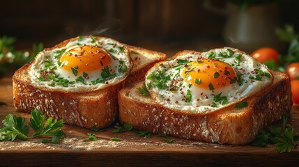 Steaming fried eggs with parsley on toasted bread for breakfast