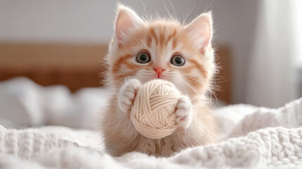 Obraz premium Cute kitten playing with ball of yarn on cozy bed, full of joy