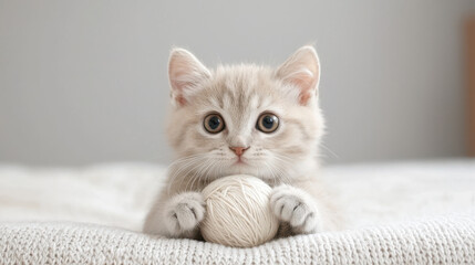 Cute kitten playing with ball of yarn on cozy bed, full of joy