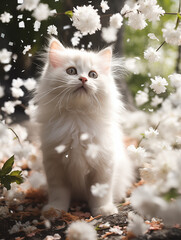 Charming White Kitten Playing Among Falling Blossoms