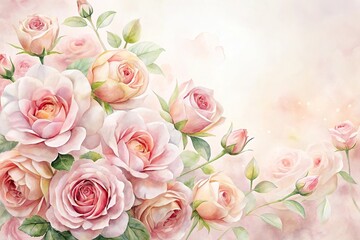Delicate watercolor roses in soft pink hue on white background, soft petals, spring bouquet, flower painting, botanical illustration, garden flowers