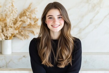 Fototapeta premium A young woman with long hair smiling at a minimalist indoor setting with soft decor and neutral tones