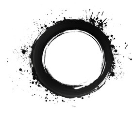 Black ink circle with splatter on transparent background