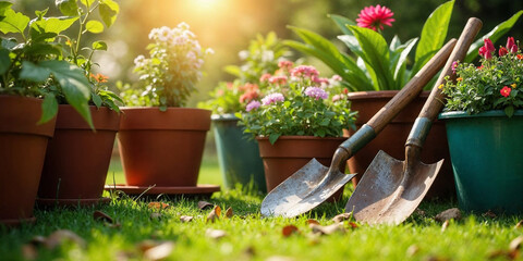 Garden tools in sunny garden, pots with seedlings and..flowers.