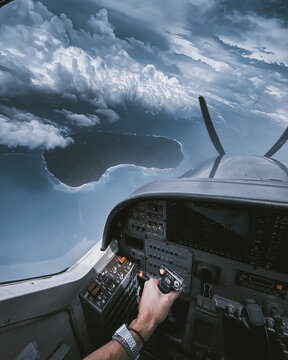 Aerial view from a pilot point of view of a remote tropical island