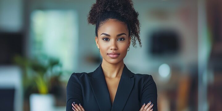A confident businesswoman standing with folded arms in a modern office environment the image portrays leadership professionalism and success in the business world