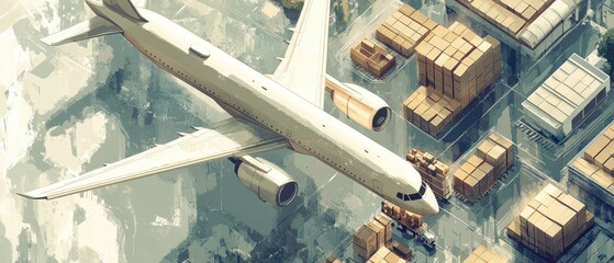 A white passenger plane flying over a cargo terminal, with a  world map in the background.