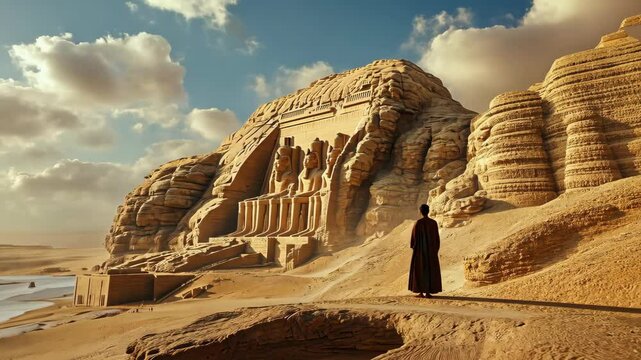 A lone figure stands before the Great Temple of Abu Simbel in Egypt, dwarfed by the massive sandstone cliffs