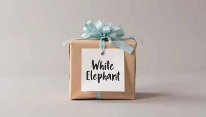 White Elephant gift wrapped in brown paper with blue ribbon