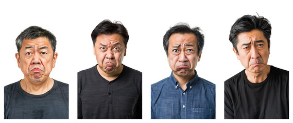  Portrait of middle-aged beautiful asian man with disgusted expression, isolated on transparent background, generative ai.
