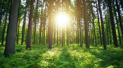 Obraz premium Lush green forest with sunlight filtering through trees creates serene atmosphere