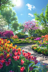 Obraz premium Colorful Springtime Garden: Digital Illustration of Blooming Flowers, Serene Pond, and Sunlit Scenery