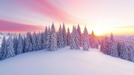magical winter forest with snow covered trees at sunrise creates serene atmosphere