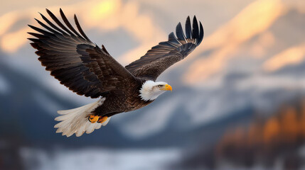 Obraz premium Majestic eagle soaring over mountain valley, showcasing its powerful wings