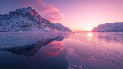 A beautiful sunset casts a violet and pink hue over a frozen lake, while snow-covered mountains reflect in the icy surface, creating a tranquil winter scene.