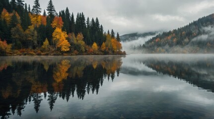 Fog in nature. A misty forest in autumn with a mix of evergreen and yellow-orange deciduous trees