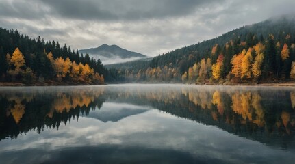 Obraz premium Fog in nature. A misty forest in autumn with a mix of evergreen and yellow-orange deciduous trees