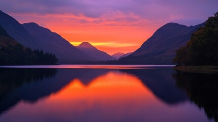 Fototapeta premium A stunning sunrise over a calm lake with majestic mountains in the background, the reflection of the sky creates a beautiful and peaceful scene.