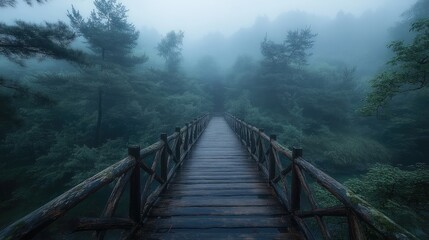Fototapeta premium A wooden bridge leading into a foggy forest.