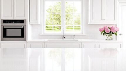 Modern kitchen with marble countertops and view of nature outside. bright space features elegant