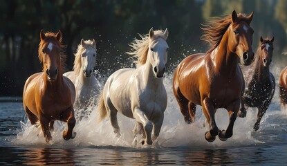 Wild Horses Galloping Through Water at Sunrise