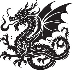 Majestic Dragon: Fierce, detailed dragon illustration in black and white, perfect for fantasy, mythology, and tattoo designs.  