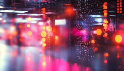 Abstract Digital Overlay, Blurred Lights of a Cyberpunk Office Setting, Technology Background