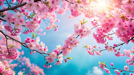 Fototapeta premium Spring banner featuring beautiful pink cherry blossom branches against a bright blue sky. A dreamy, romantic panoramic landscape with plenty of copy space, perfect for seasonal designs.