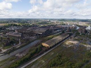 Industrial manufacturing steel and metal. Charleroi, Belgium blast furnace installation. Aerial drone photos.