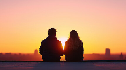 Romantic couple enjoying sunset view on rooftop, creating serene atmosphere