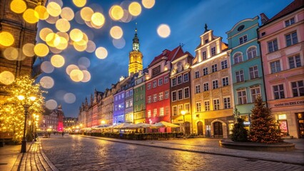 Fototapeta premium Vibrant Abstract Night Cityscape with Golden Bokeh Lights - Stunning Panoramic Photography