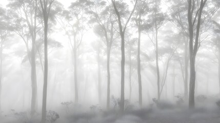 Mystical Grove: Sunlight filters through fog, creating an otherworldly glow among the trees. 
