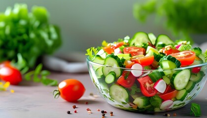 Low-calorie salad with cucumbers, tomatoes, and greens, on a pastel background with space for a slogan, photo