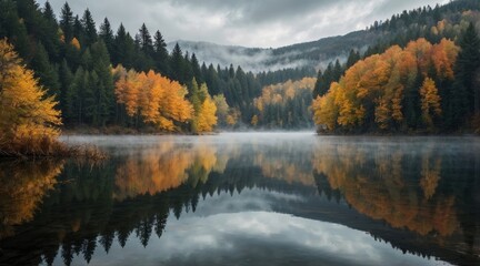 Fototapeta premium Fog in nature. A misty forest in autumn with a mix of evergreen and yellow-orange deciduous trees