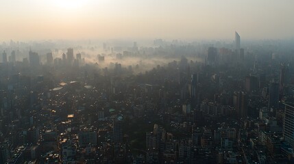 Fototapeta premium City in Haze: A panoramic view reveals the entire cityscape, softened by the veil of fog. 