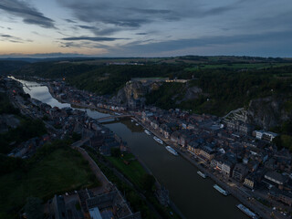 Aerial video of Pont Charles de Gaulle, and city view of the historic center of Dinant, monuments...