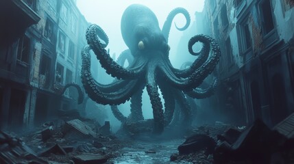 Obraz premium Giant octopus attacking deserted city in the fog
