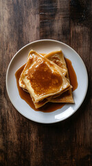 French toast drizzled with maple syrup resting on a white plate on a dark wooden table