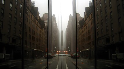 Naklejka premium Foggy Reflections: Glass facades of office towers mirror distorted versions of neighboring buildings. 