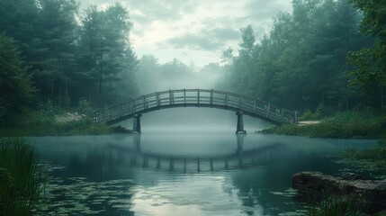 A wooden bridge over a misty lake in a forest.