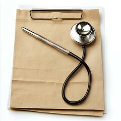 Stethoscope and pen on a clipboard.