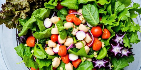 Fresh and vibrant plate of assorted green leaves, including nutritious spinach, variety, salad, plate