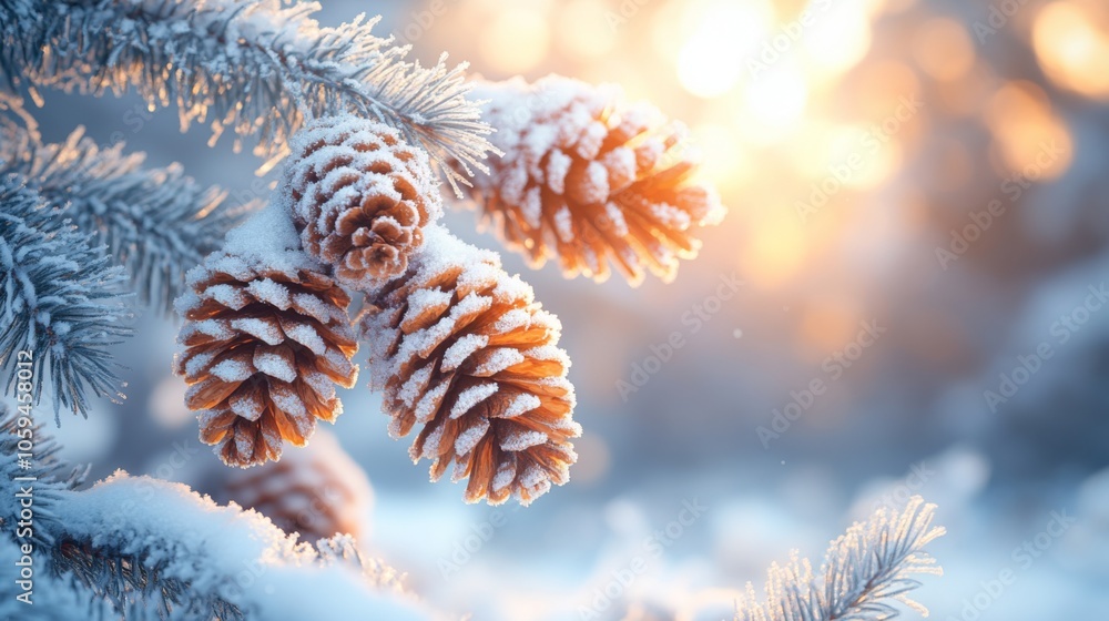 Aufkleber frosted pine cones hang on branches as soft sunlight filters through a winter forest, creating a tra